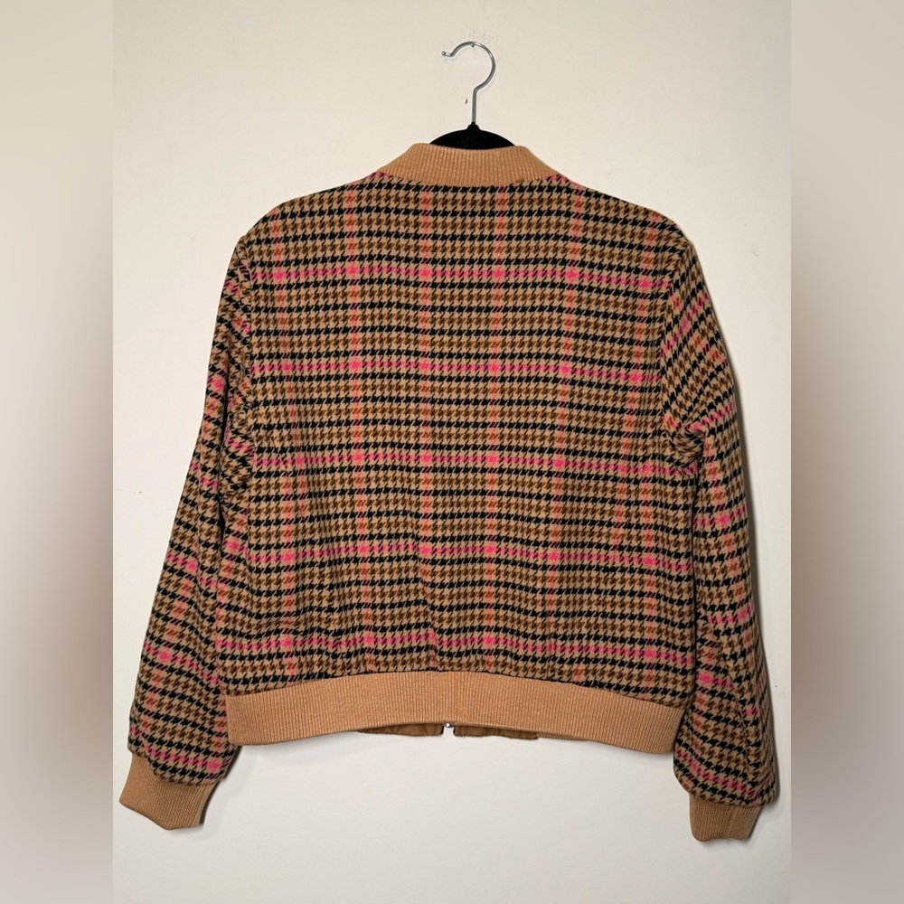 NEW Loft Womens Bomber Jacket  Pink Tan Plaid Academia Heritage Classic size M - Picture 2 of 3